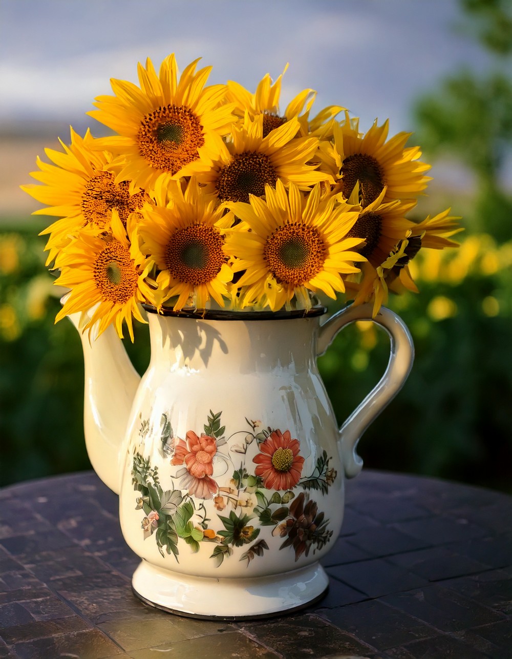 Vintage Enamel Pitcher with Sunflowers