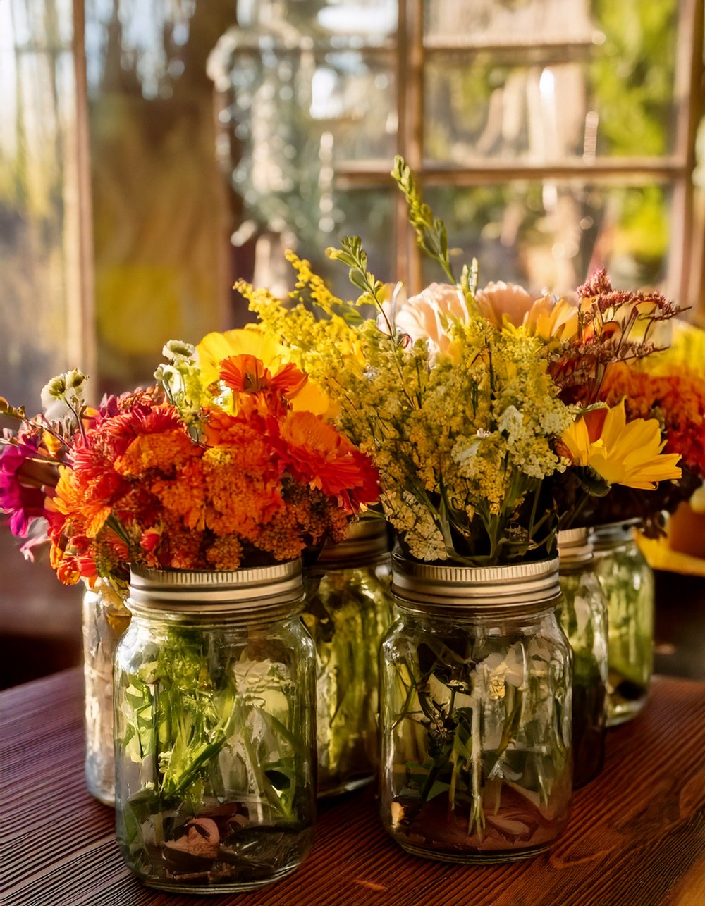 Vintage Mason Jars Filled with Autumn Blooms