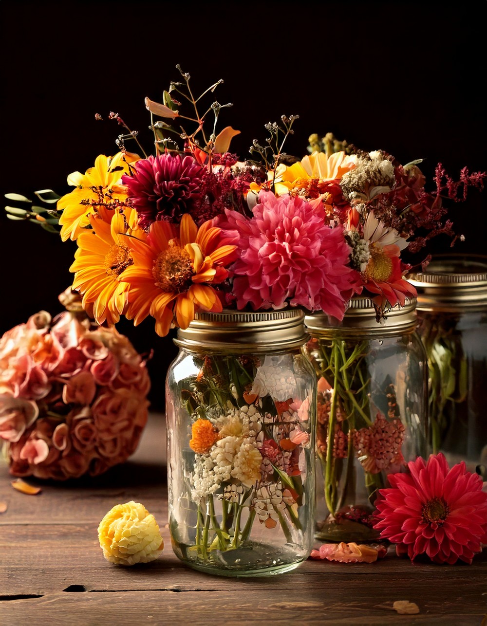 Vintage Mason Jars with Fall Blooms
