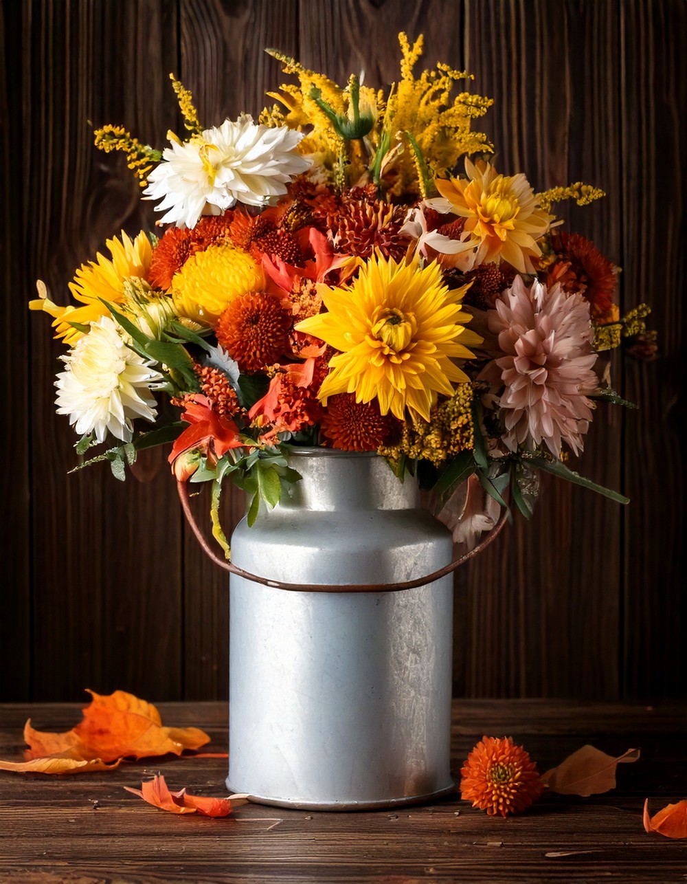 Vintage Milk Can Arrangement with Fall Blooms