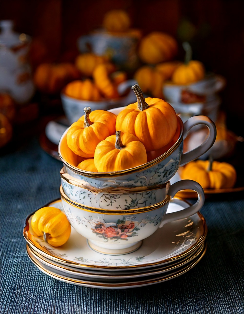 Vintage Teacups Filled with Mini Pumpkins