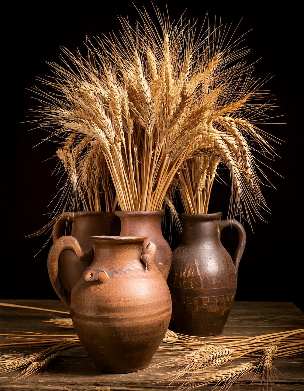 Weathered Pitchers Holding Dried Wheat Stalks