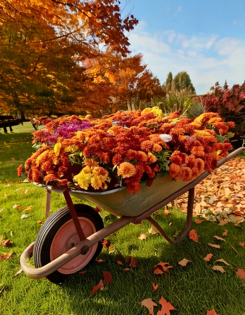 Wheelbarrow Overflowing with Fall Blooms