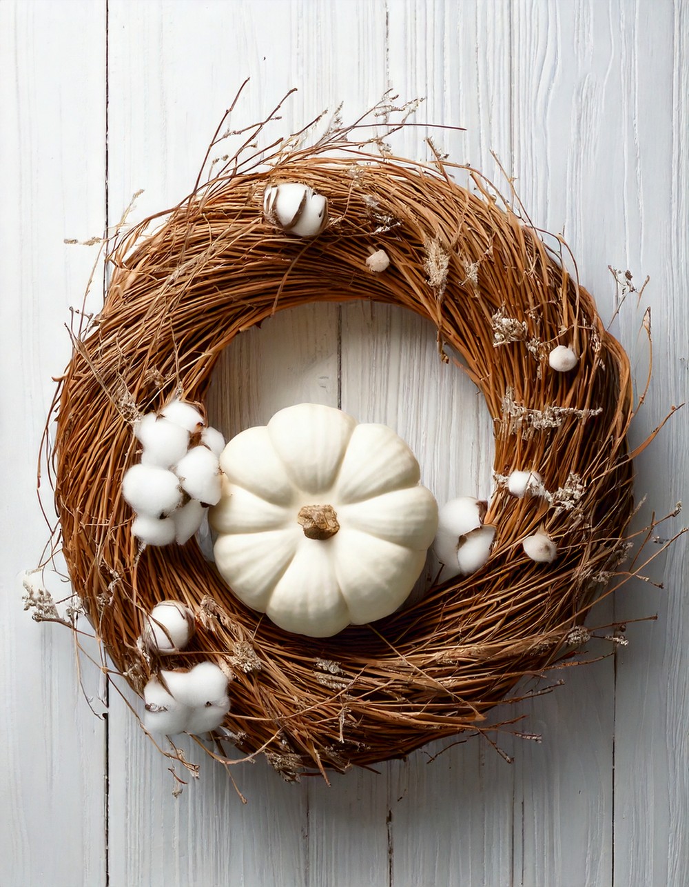 White Pumpkin and Cotton Stem Wreath