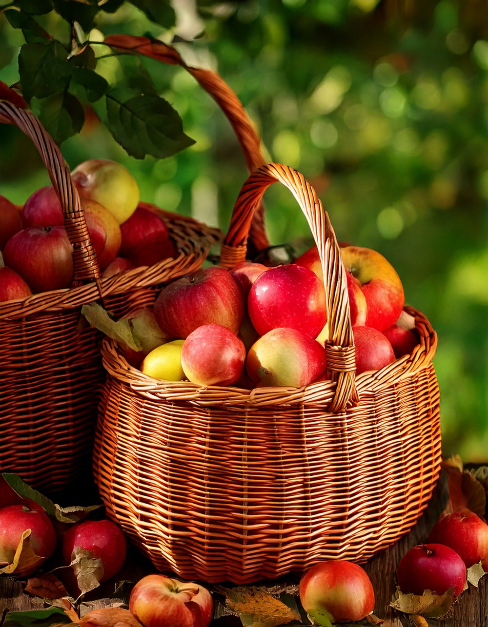 Wicker Baskets Filled with Apples and Leaves