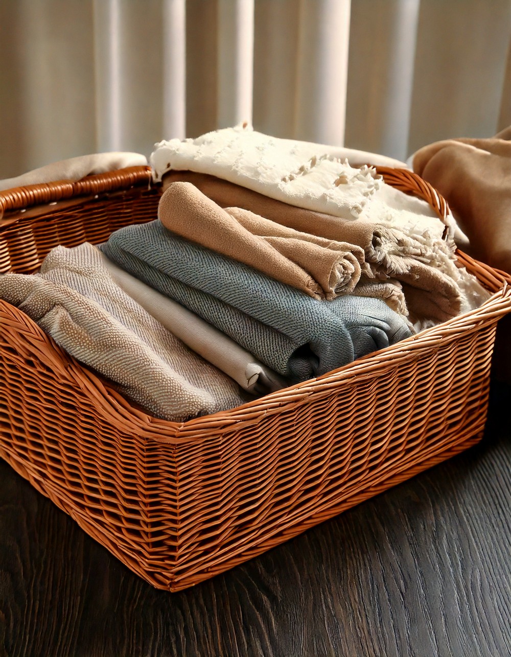 Wicker Tray Filled with Mixed Fabrics