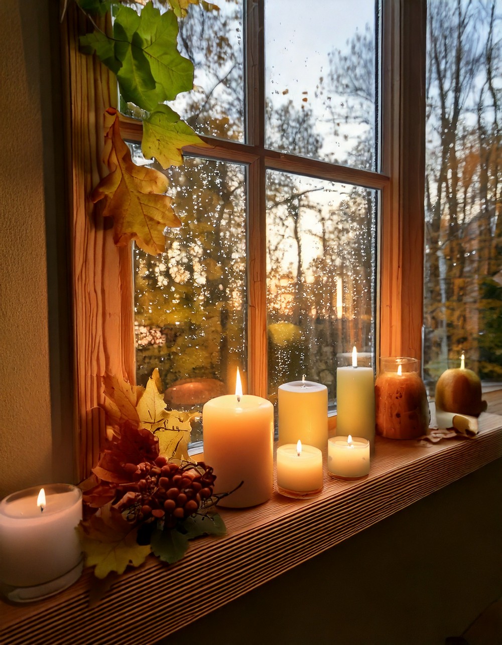 Window Ledge Decor with Candles and Leaves