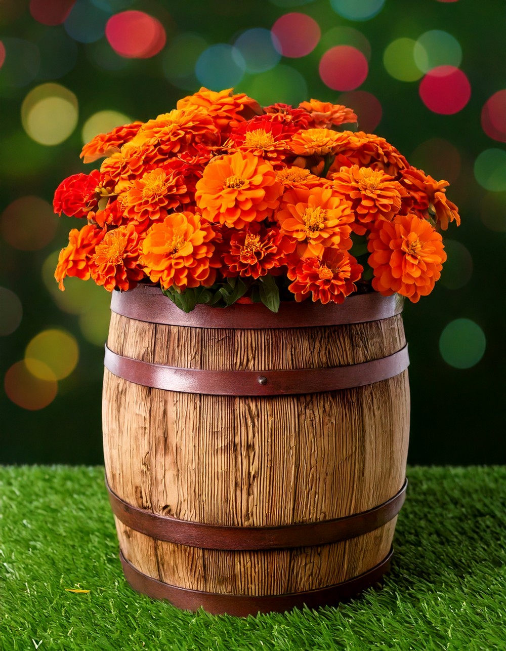 Wooden Barrel Filled with Orange and Red Zinnias