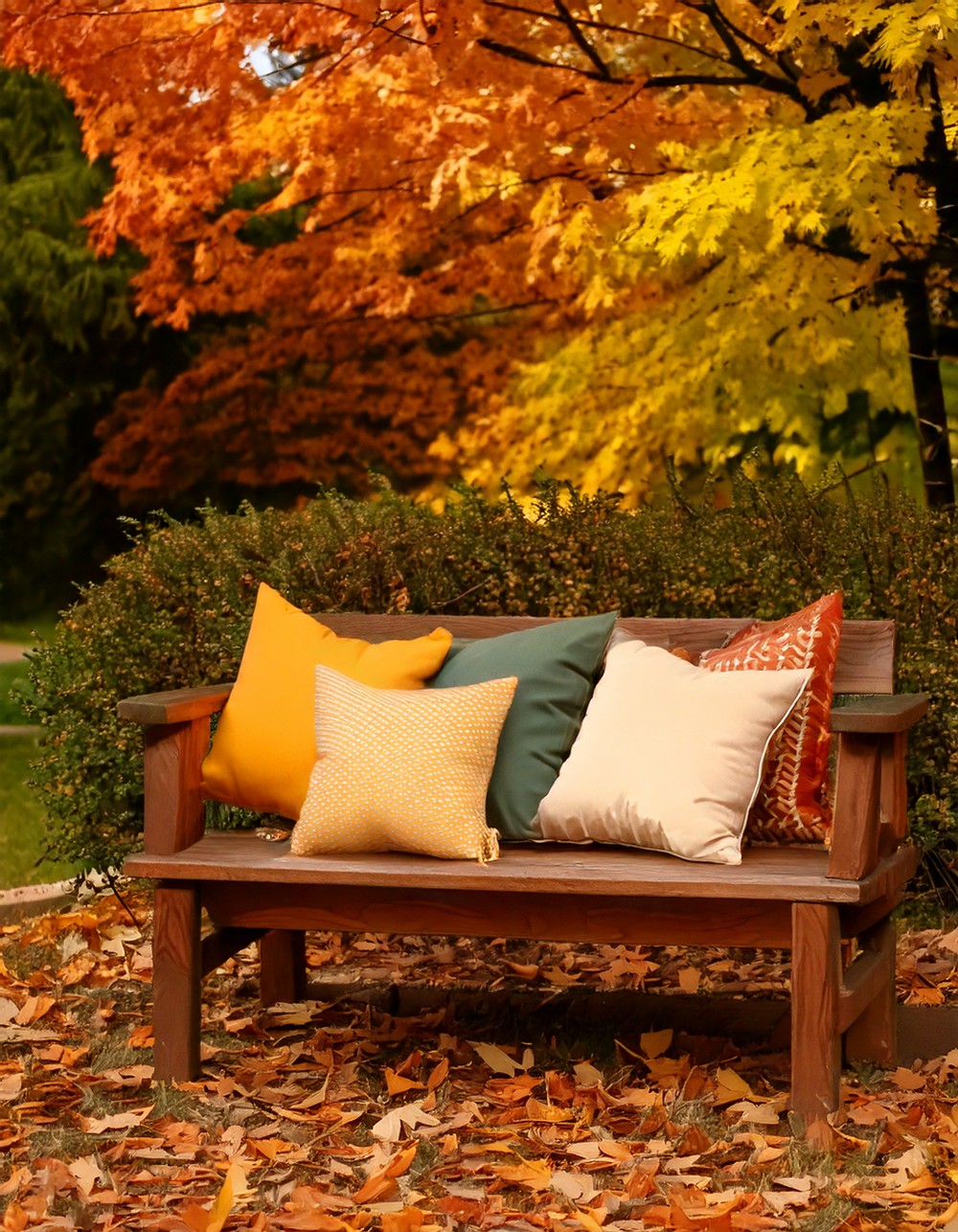 Wooden Bench Styled with Fall Pillows