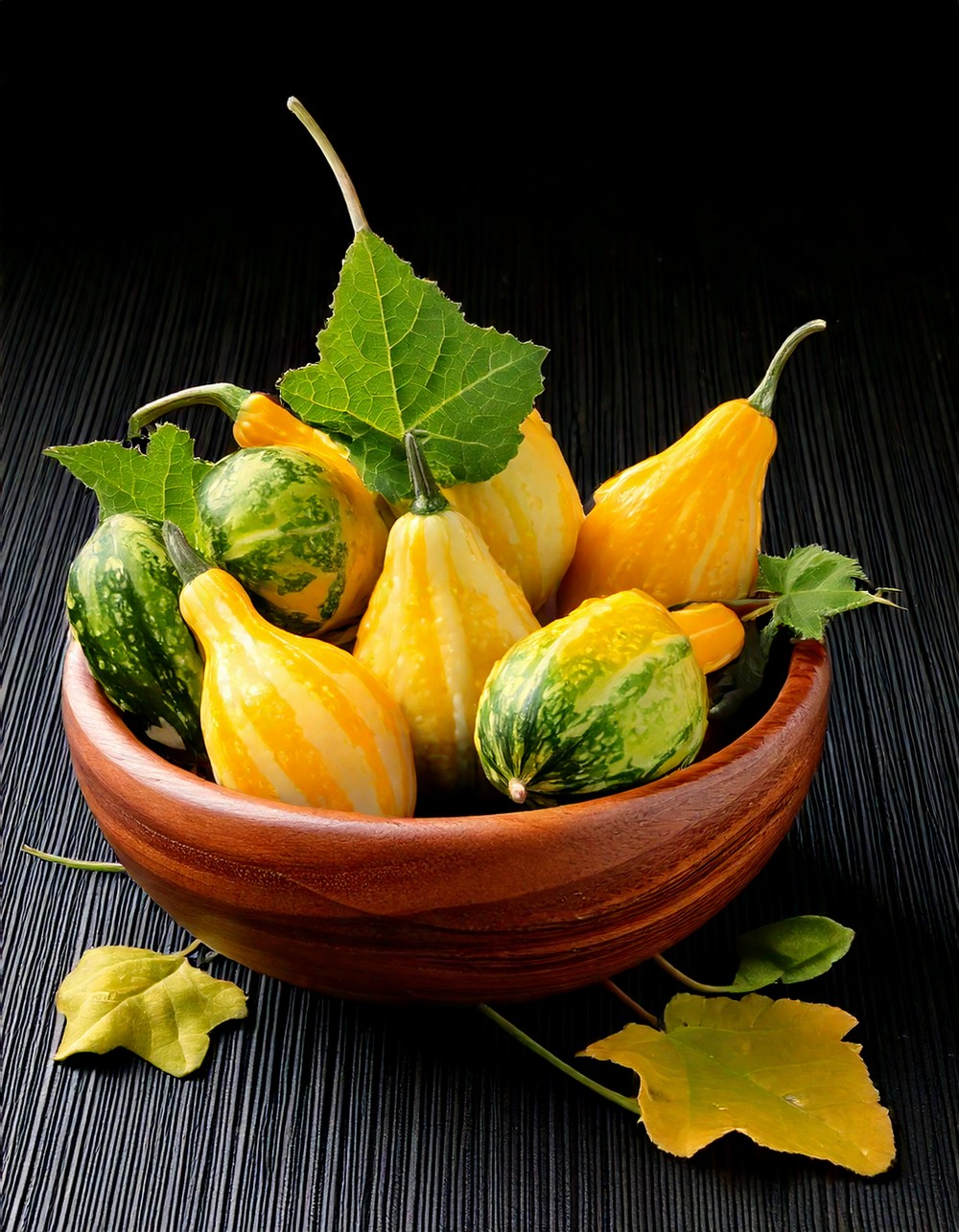 Wooden Bowl Filled with Gourds and Leaves