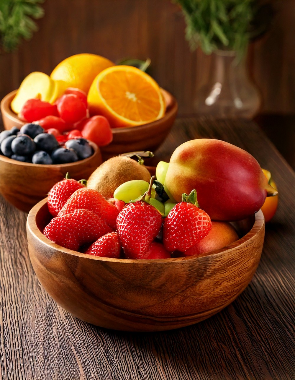 Wooden Bowls Filled with Seasonal Fruits