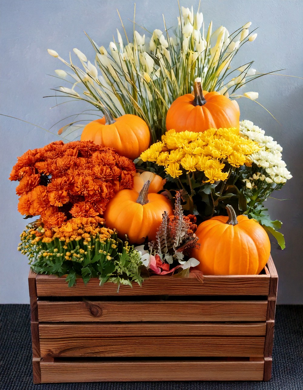 Wooden Box Planter with Faux Pumpkins and Blooms