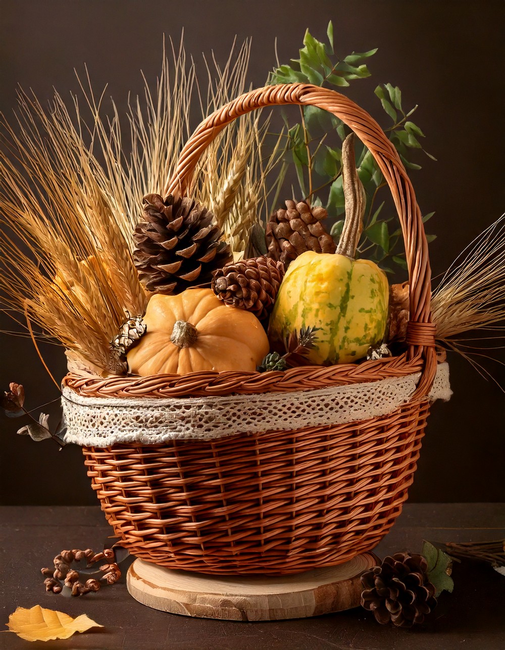 Woven Basket Display with Gourds and Pinecones