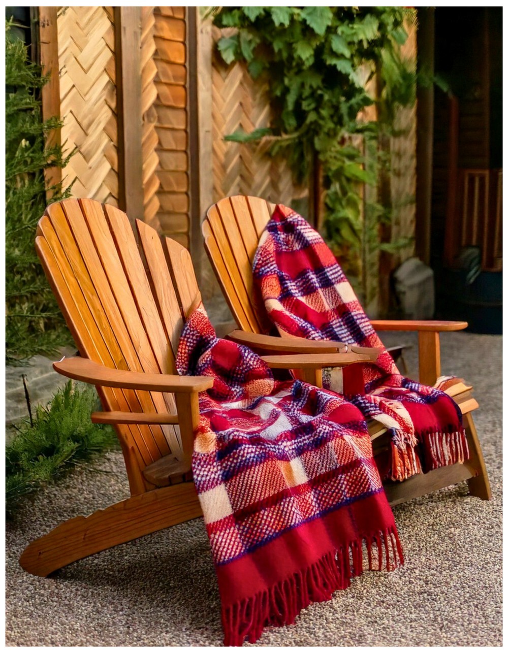 Adirondack Chairs with Cozy Plaid Blankets