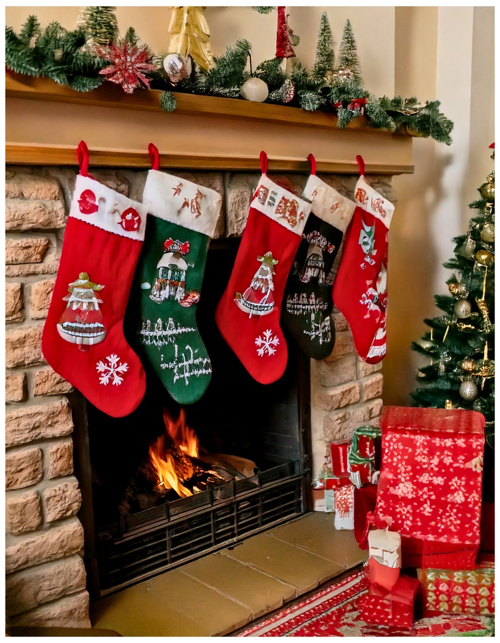 Appliqué retro Christmas motifs like vintage cars with trees or Santas