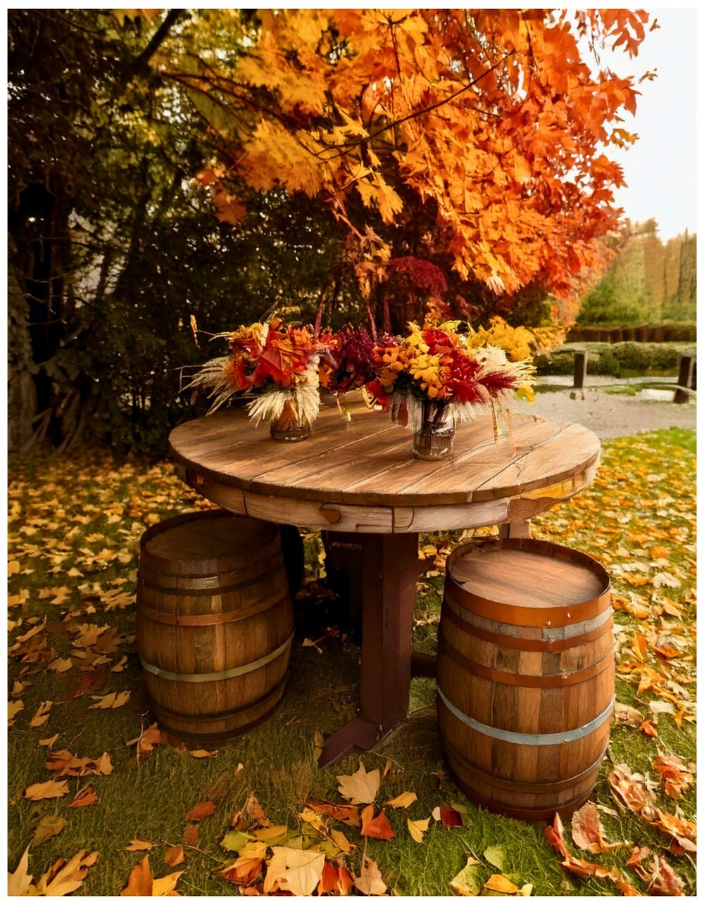 Barrel Table and Stools with Fall Florals