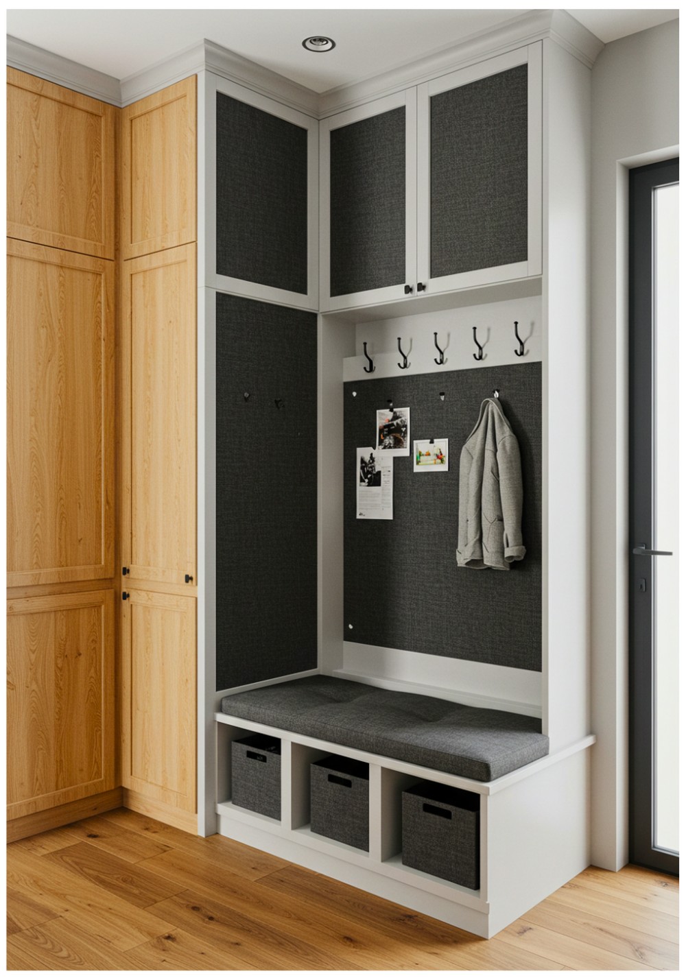 Built-In Bulletin Board for a Seamless Mudroom Design