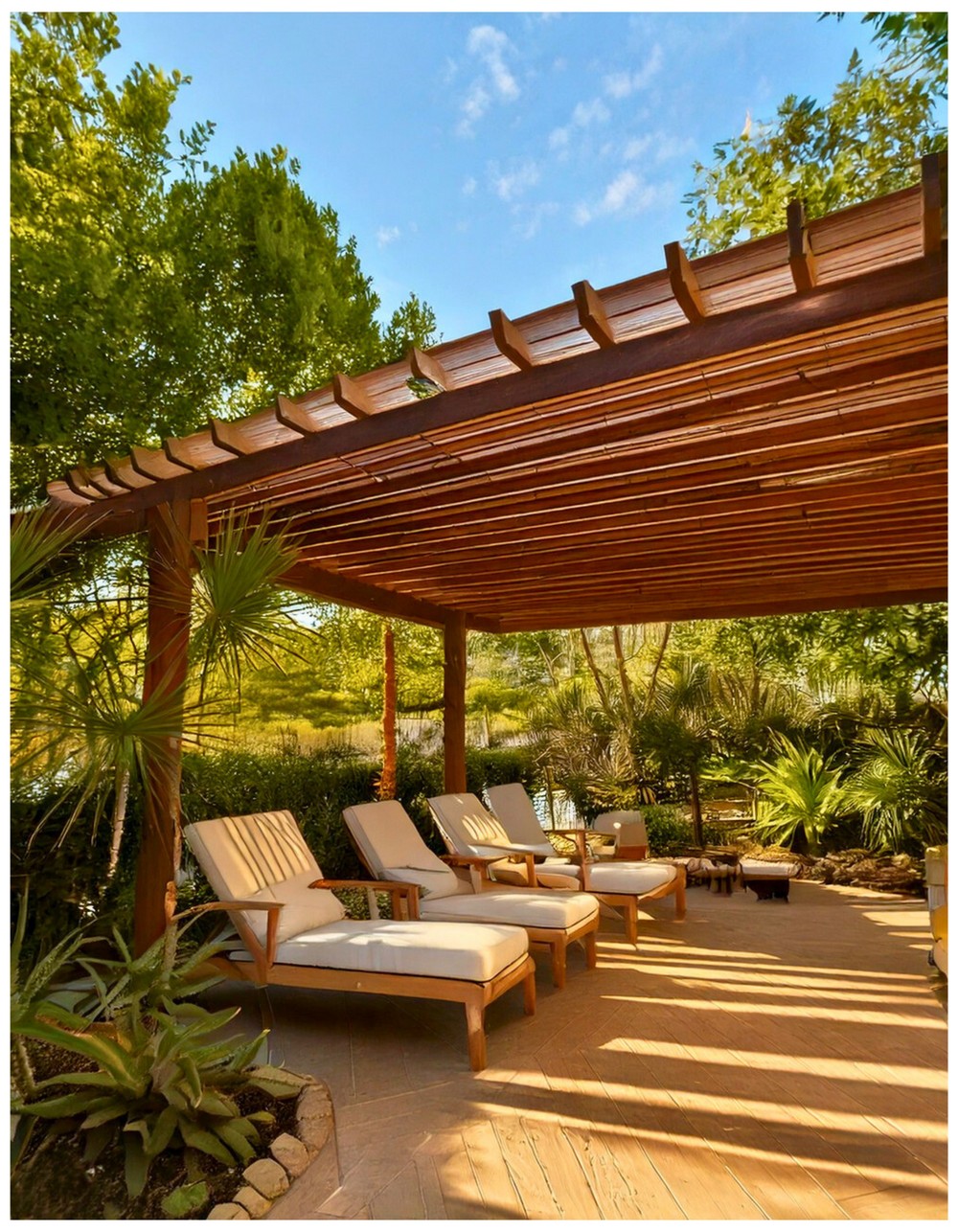 Covered Pergola with Lounge Chairs