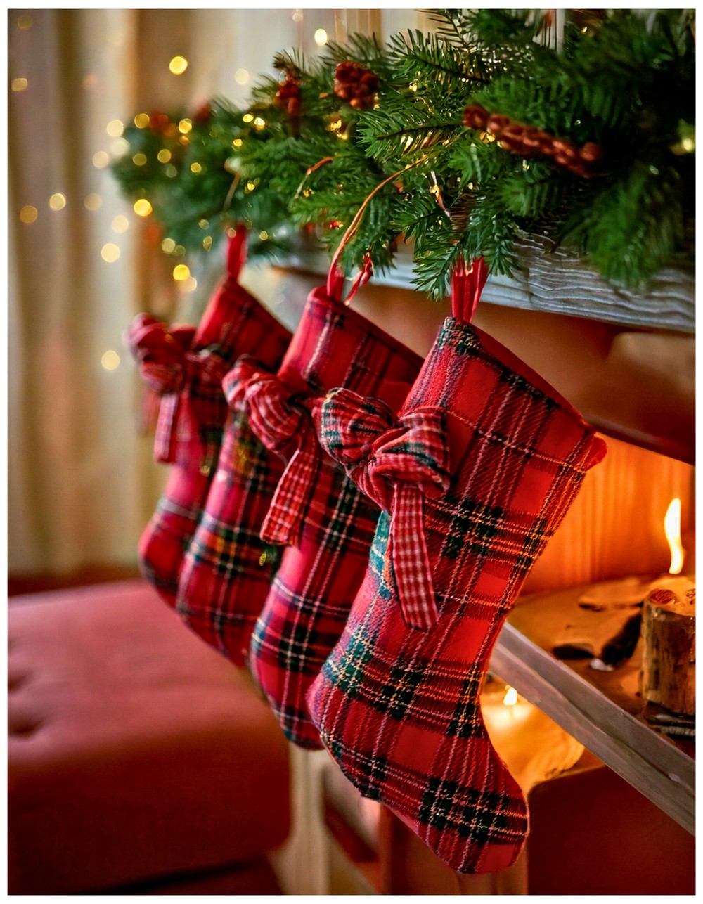 Decorate with plaid bows and velvet ribbons for a cozy farmhouse touch