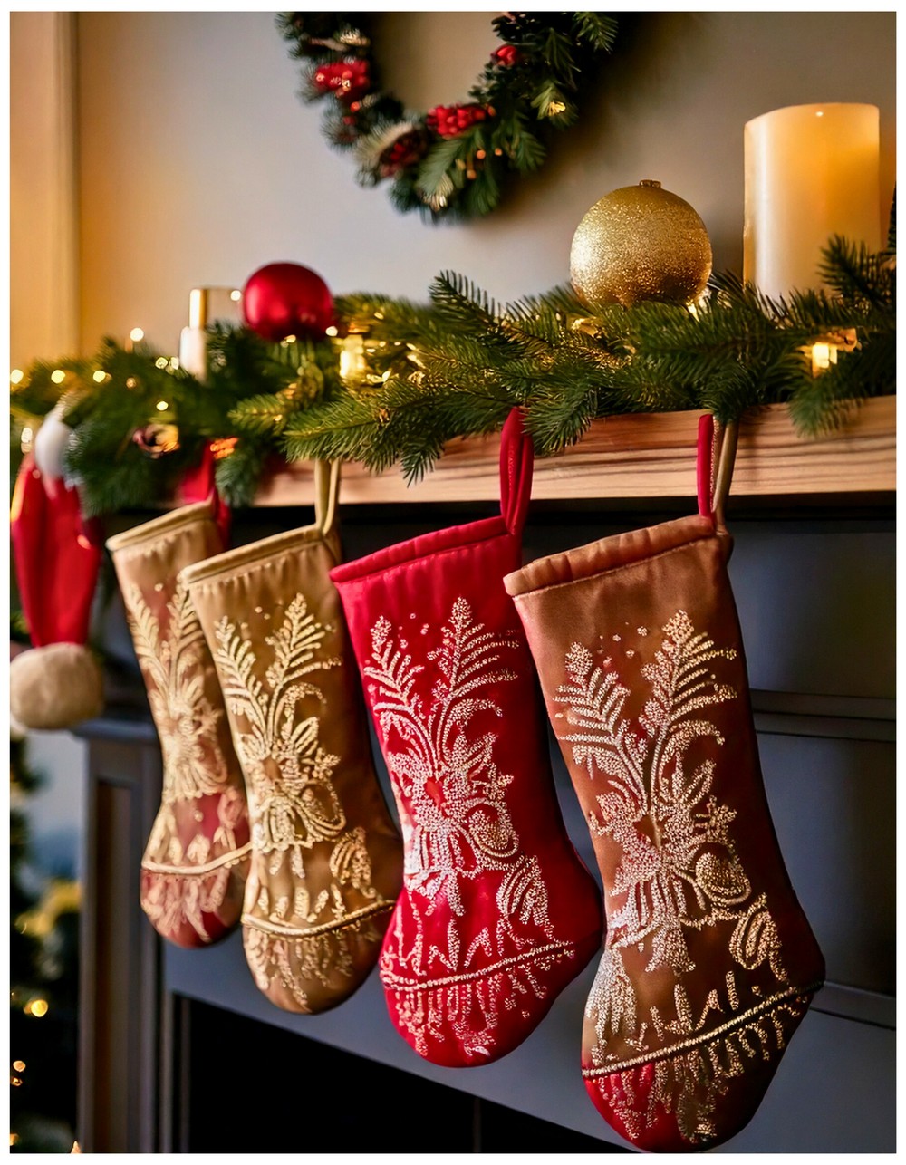Embroider family names in metallic thread for a luxurious personalized stocking display