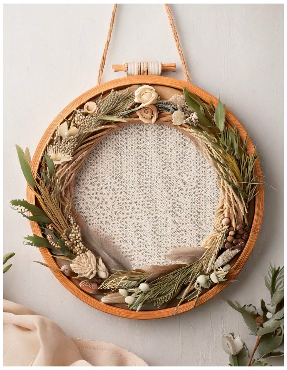 Embroidery Hoop Wreath with Neutral Accents