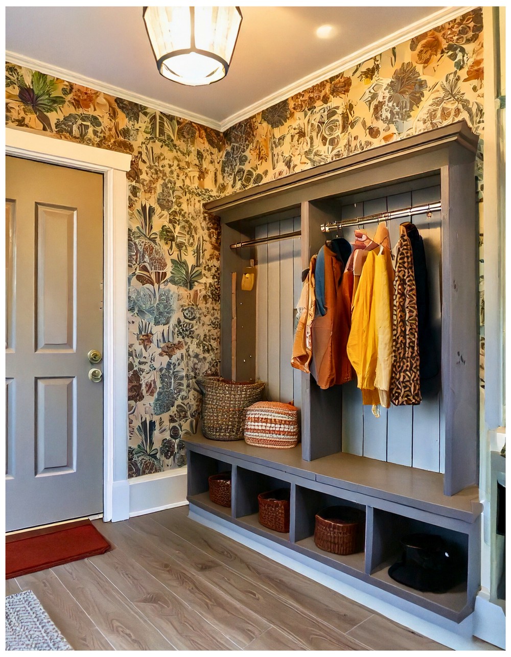 Front Door Mudroom Entryway with Bold Wallpaper