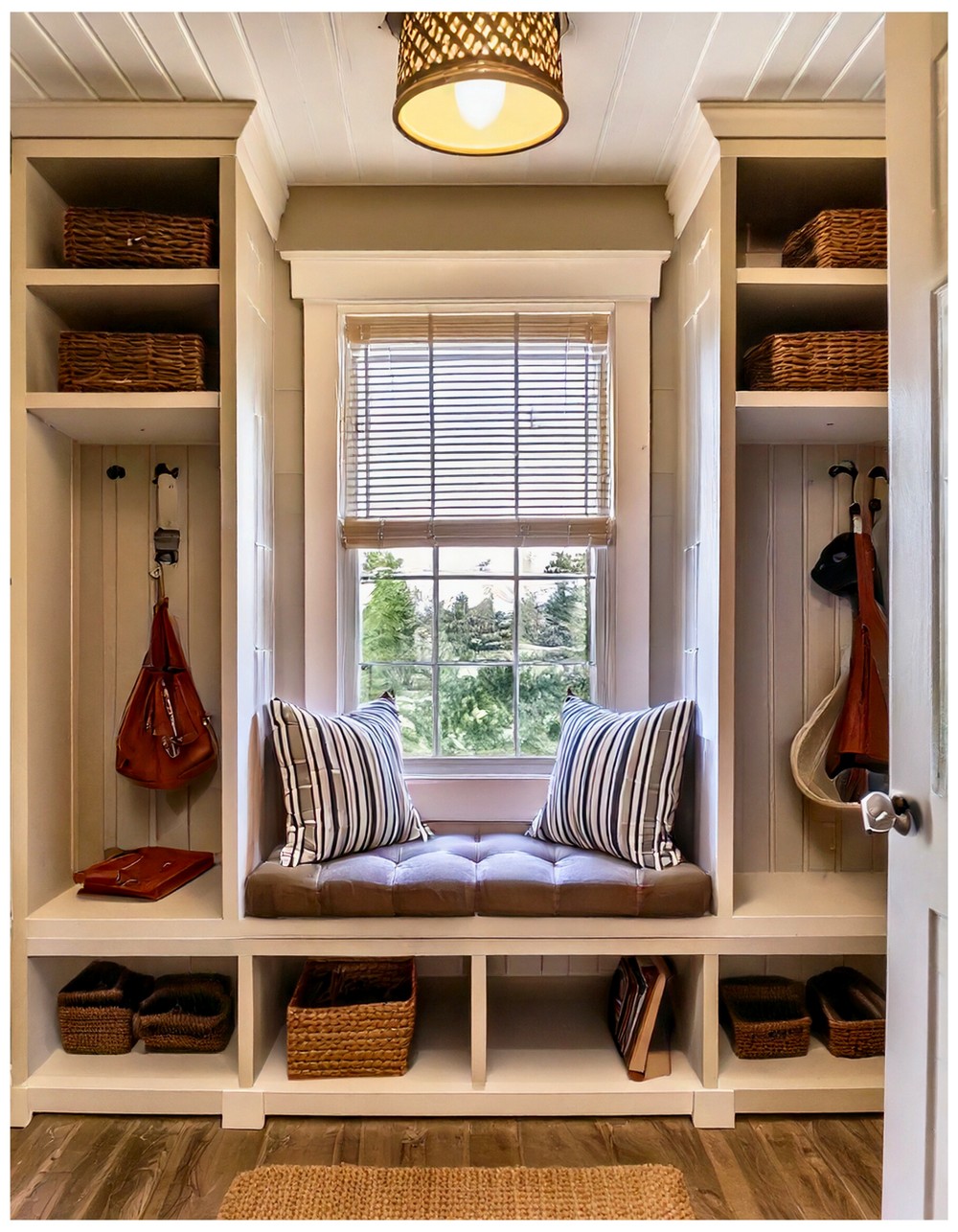 Front Door Mudroom Entryway with a Window Seat