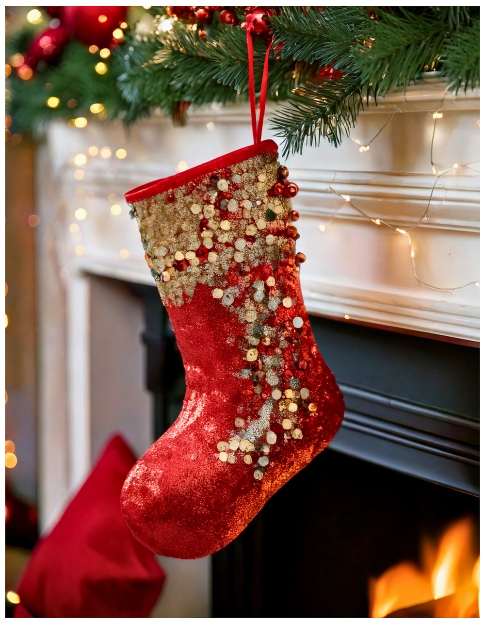 Glue on sparkling sequins and beads for a glamorous, shimmery stocking
