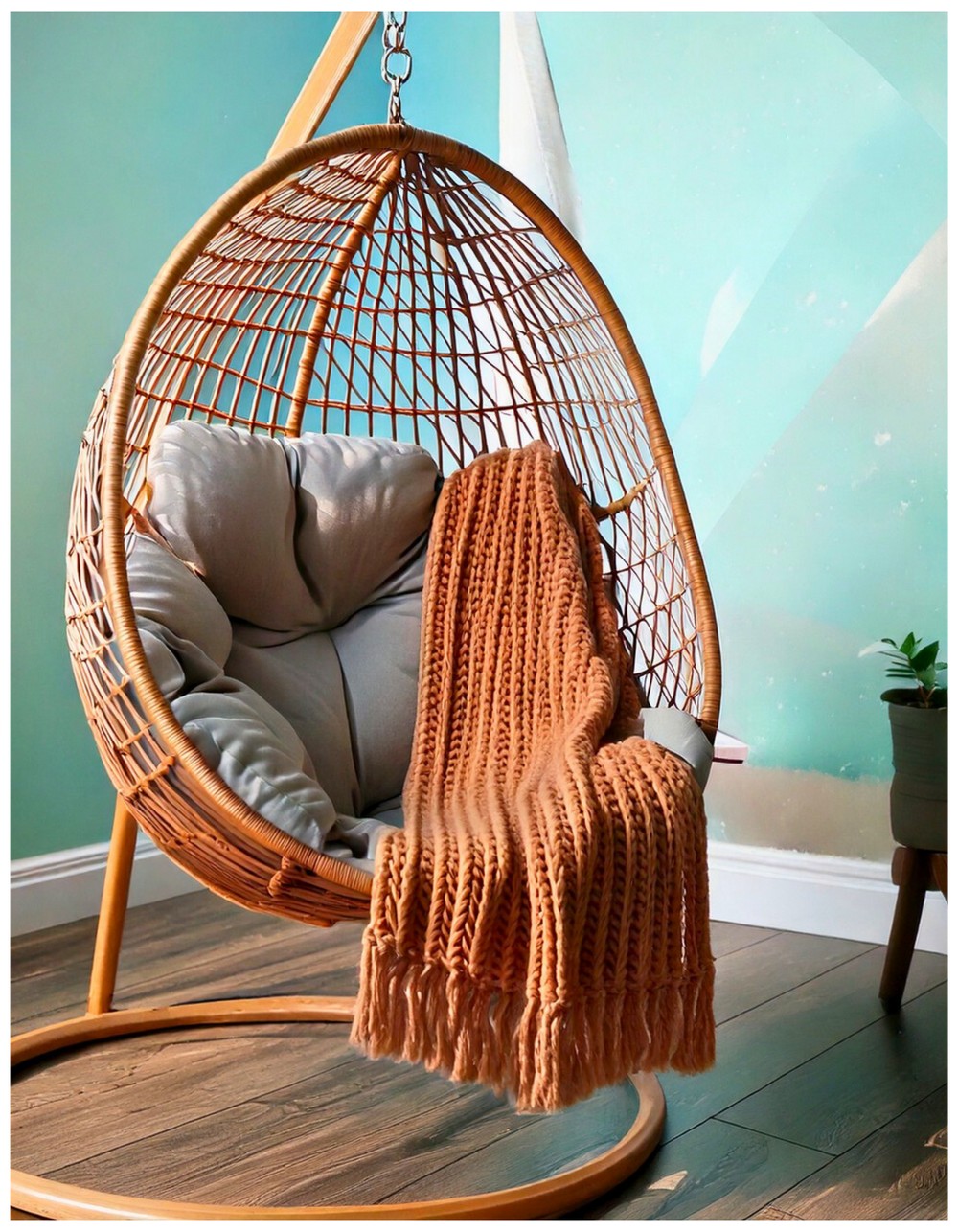 Hanging Egg Chair with Knit Throw