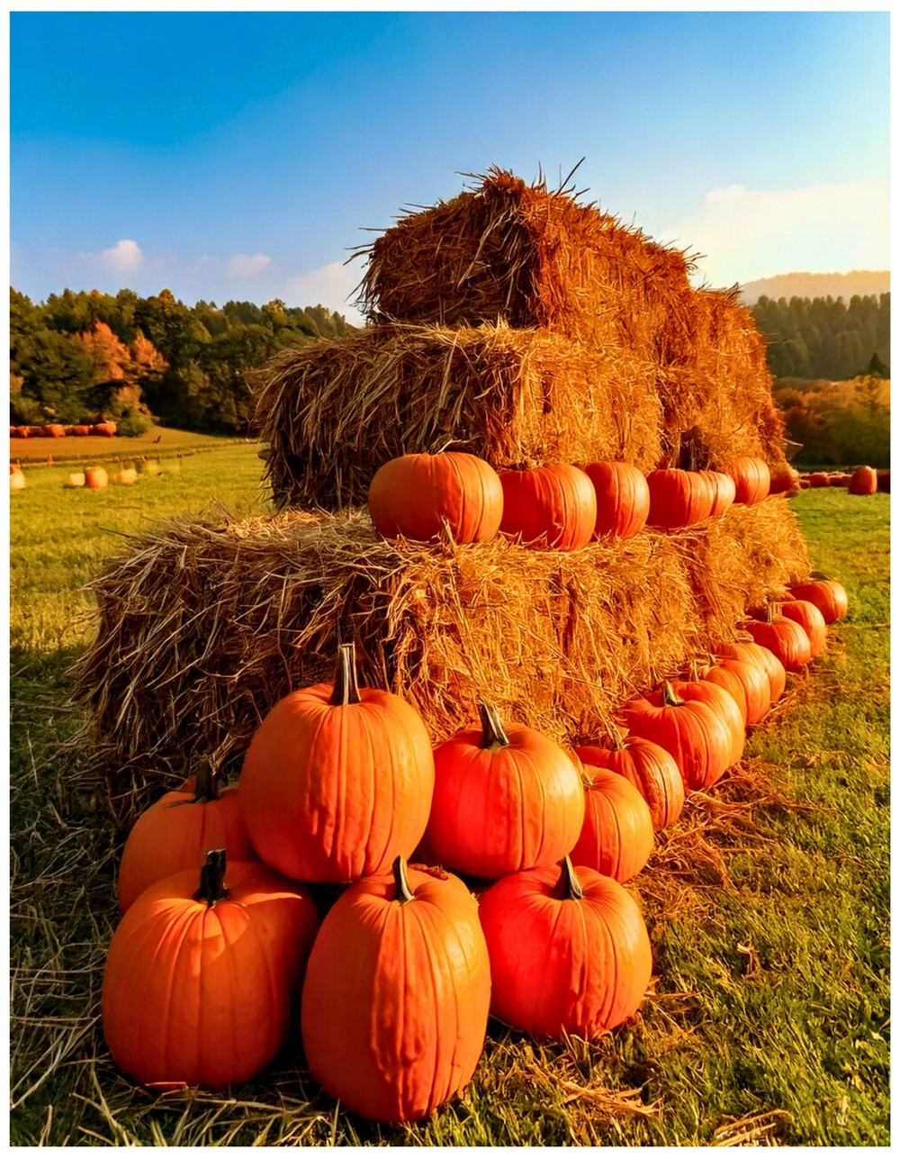 Hay Bales Stacked with Pumpkins