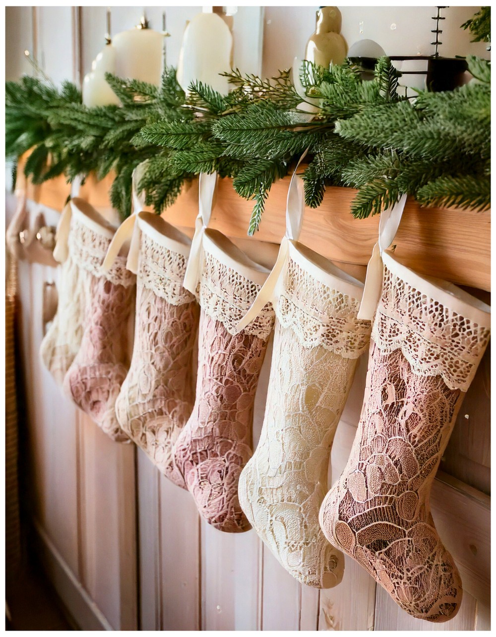 Layer lace trim and delicate doilies for a shabby chic holiday style