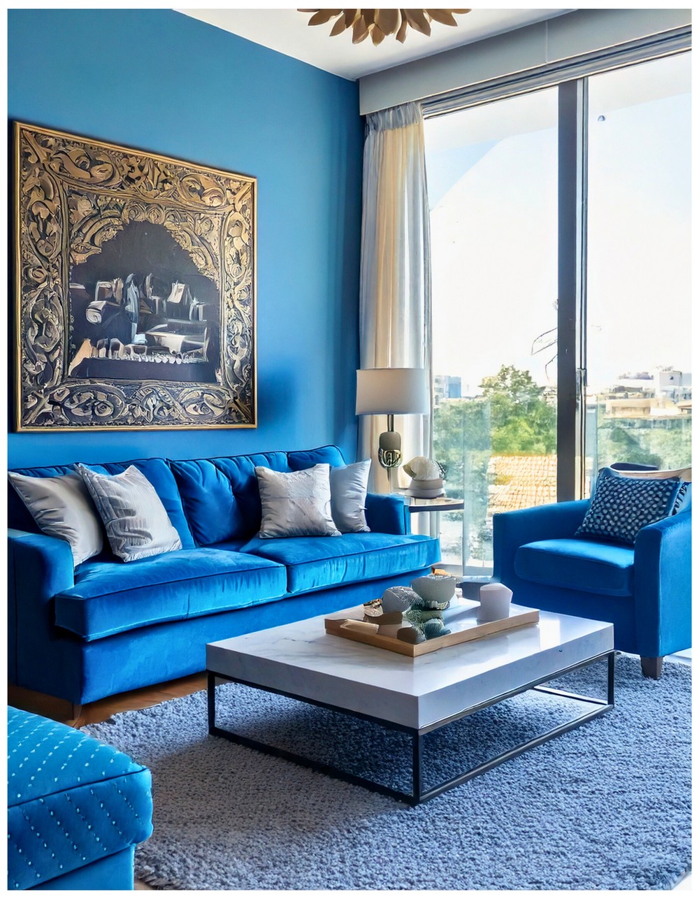 Modern Blue Sofa In Blue Living Room Interior With Fireplace