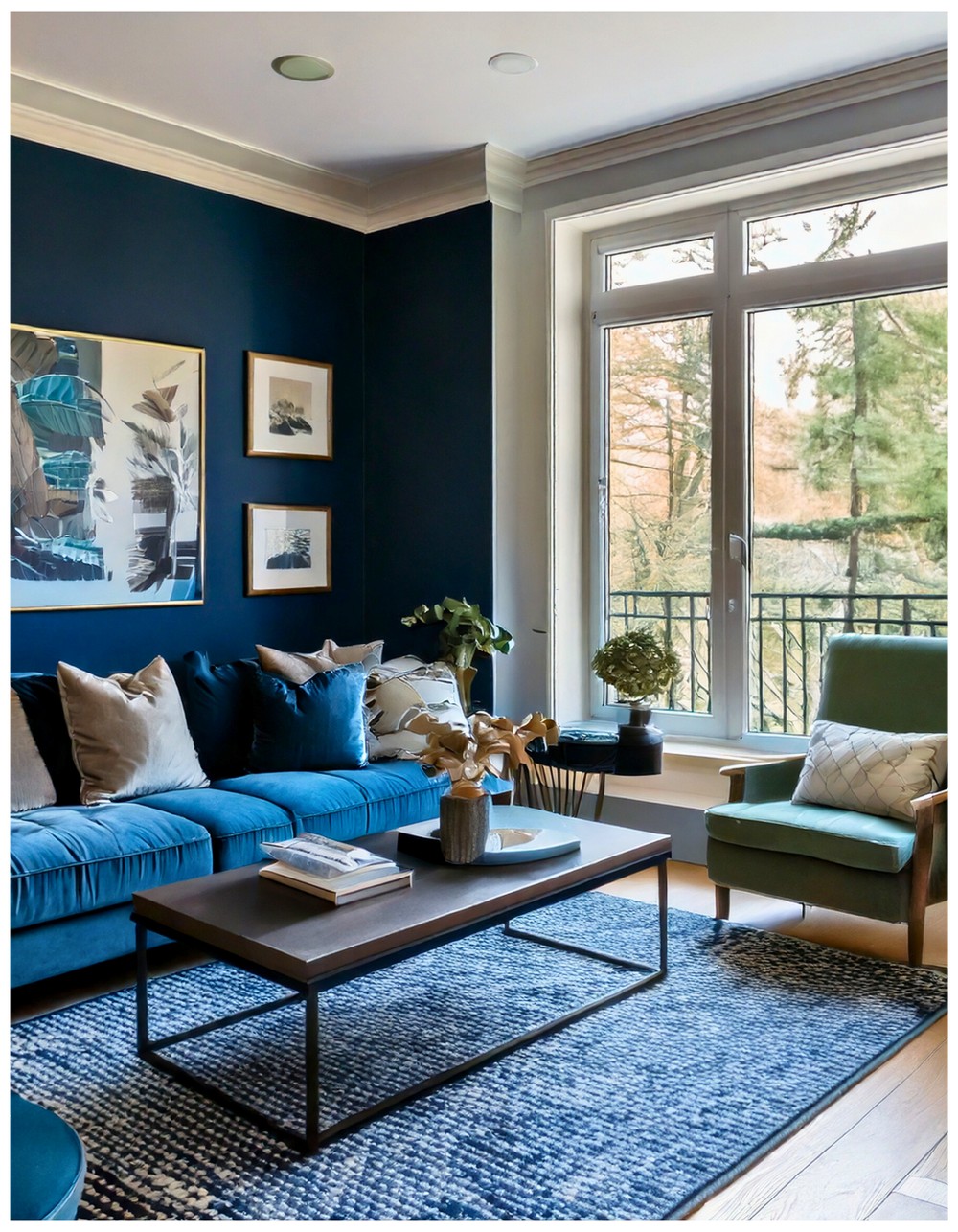 Modern Dark Blue Walls In Blue Living Room Interior