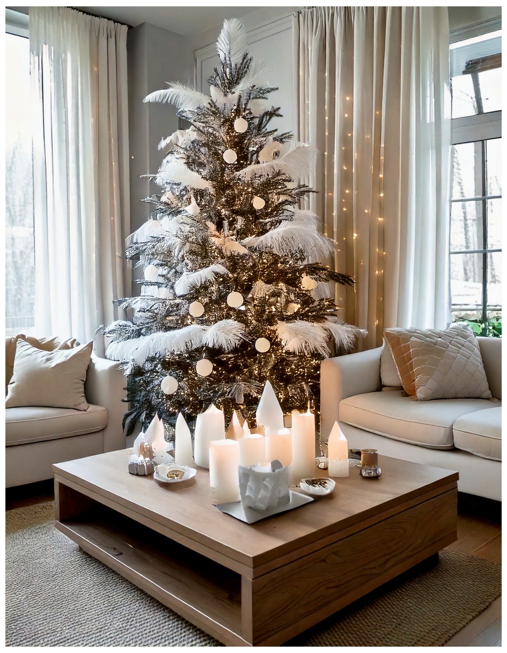 Monochrome tree decorated with white baubles, ribbon, and feathers
