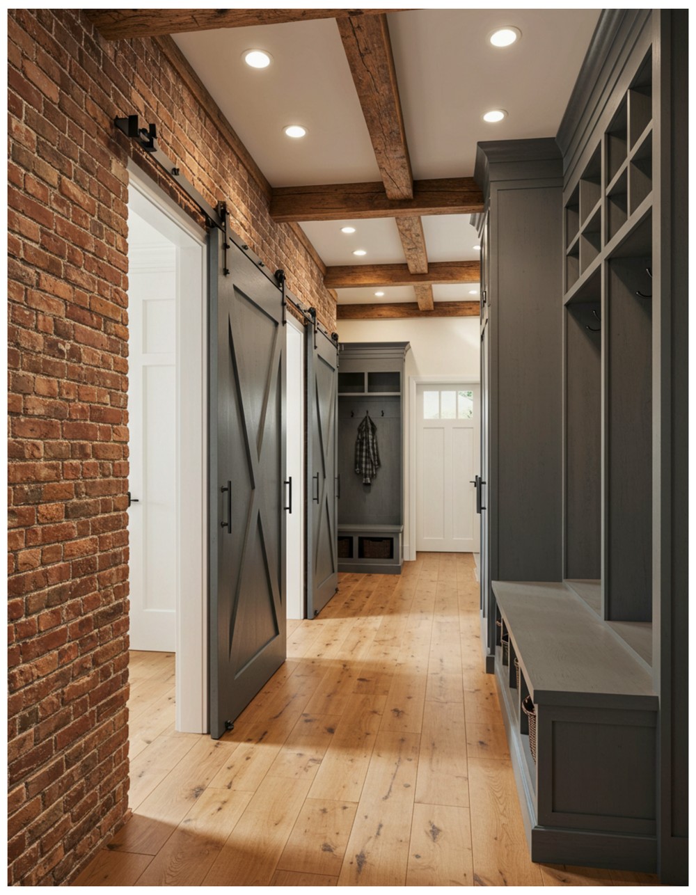 Mudroom Hallway with Sliding Barn Doors