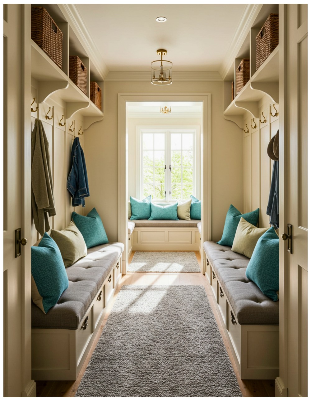 Mudroom Hallway with Soft Rugs and Pillows