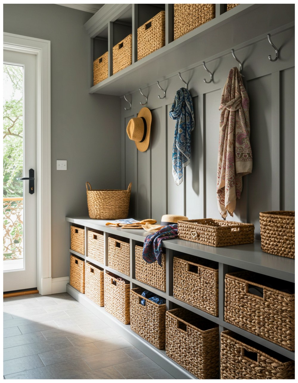 Mudroom Hallway with Woven Baskets for Storage