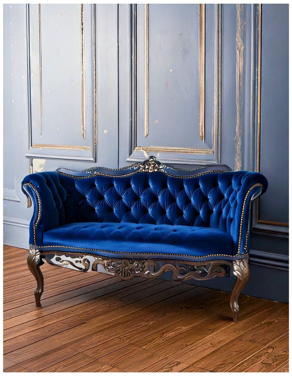 Navy Blue Velvet Upholstered Bench