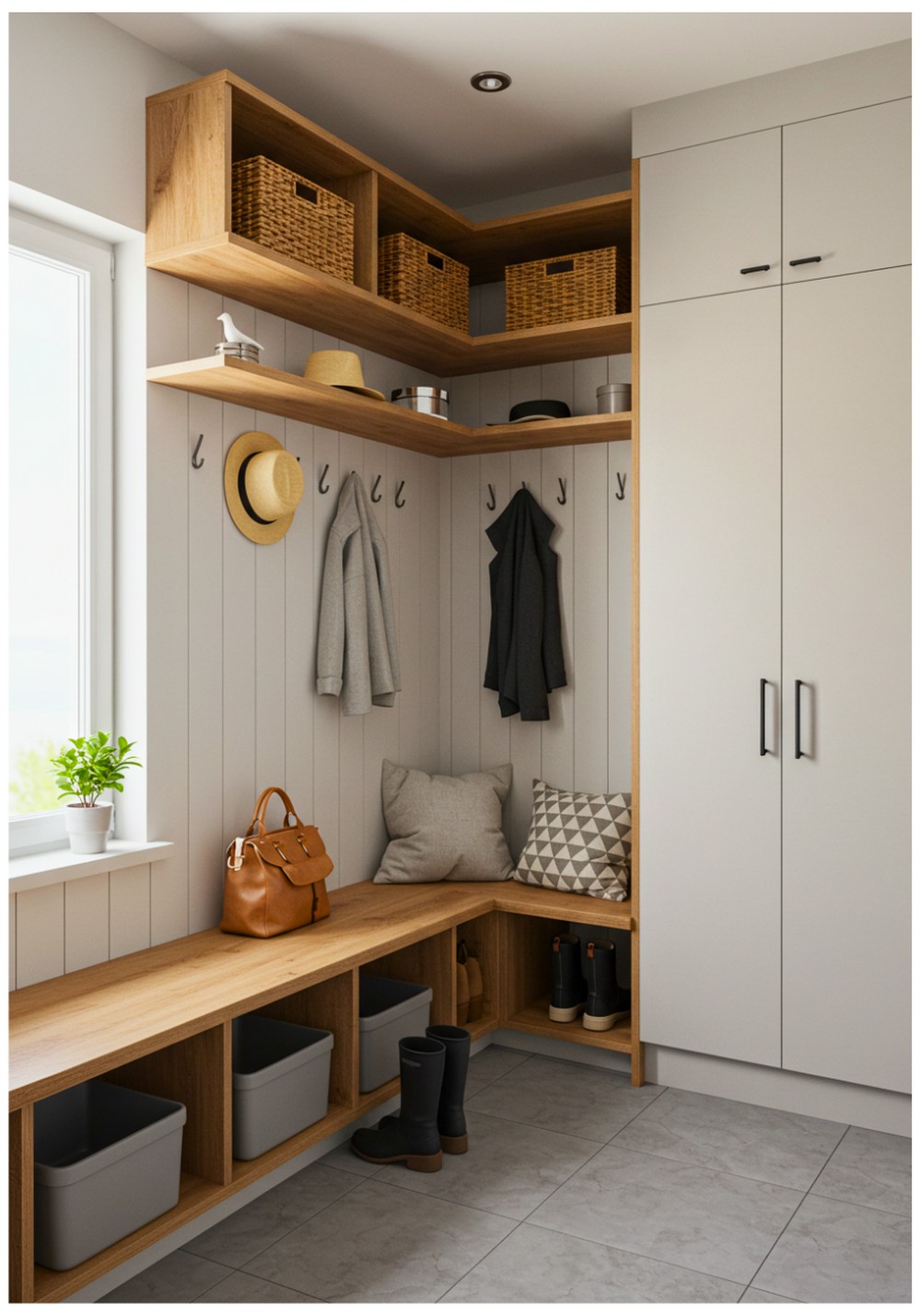 Open Shelving and Closed Mudroom Cabinets for Balance