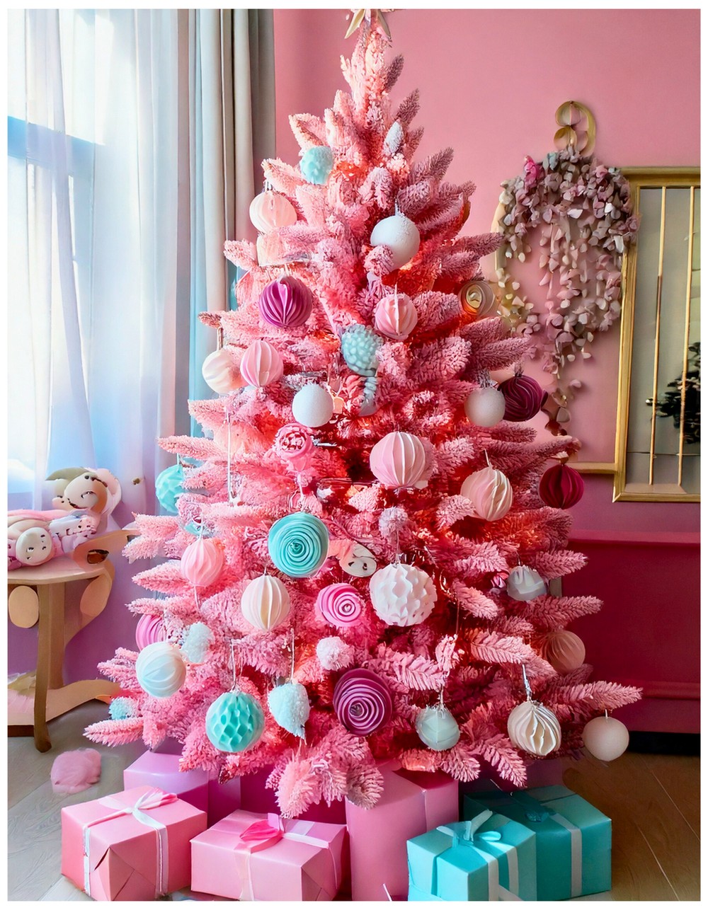 Pink tree adorned with pastel candy ornaments and faux gingerbread cookies
