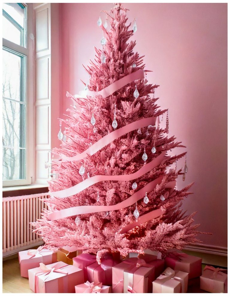 Pink tree with cascading ribbon waterfall and crystal drops