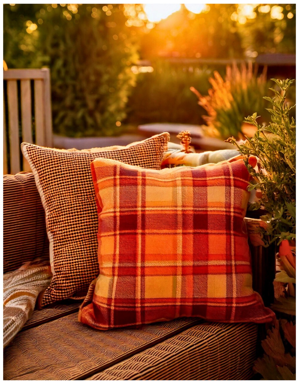 Plaid Outdoor Pillows in Warm Tones