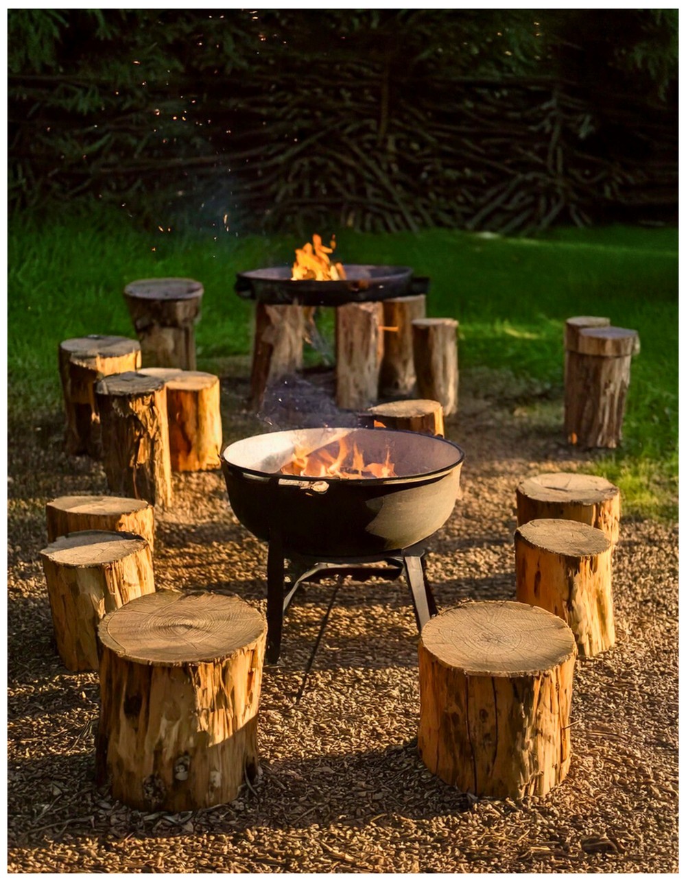 Rustic Log Stools Around a Small Fire Bowl