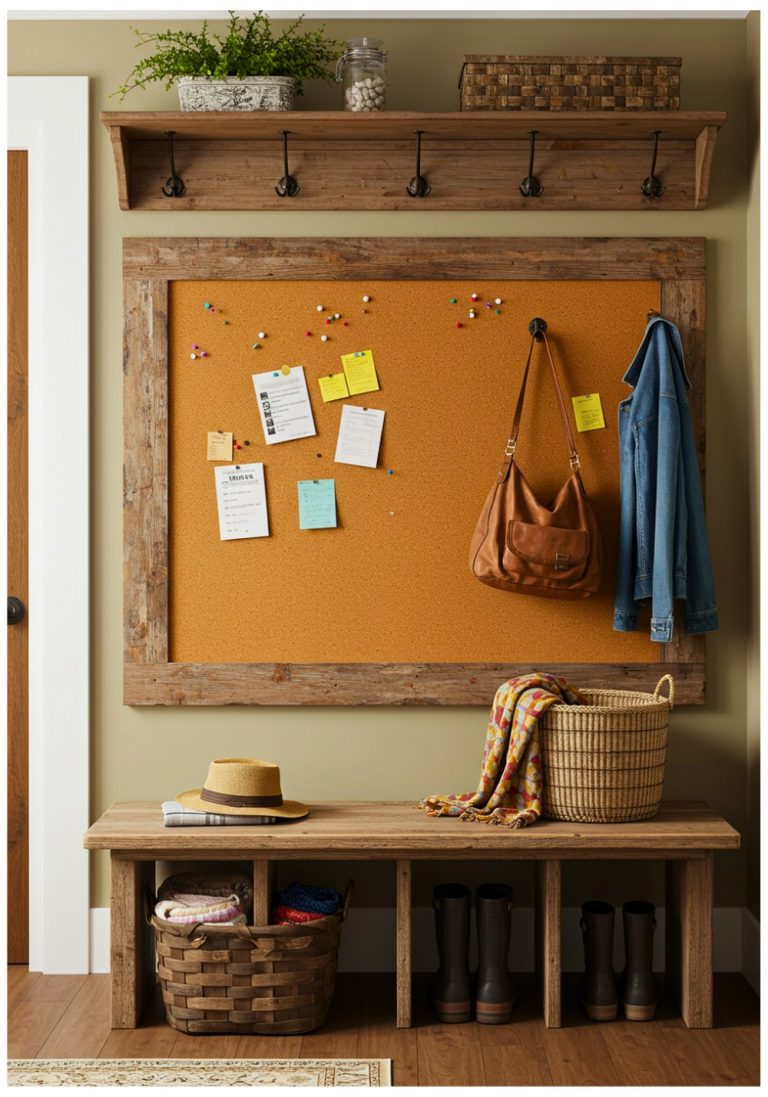 Rustic Mudroom Bulletin Board with Cork and Wooden Accents