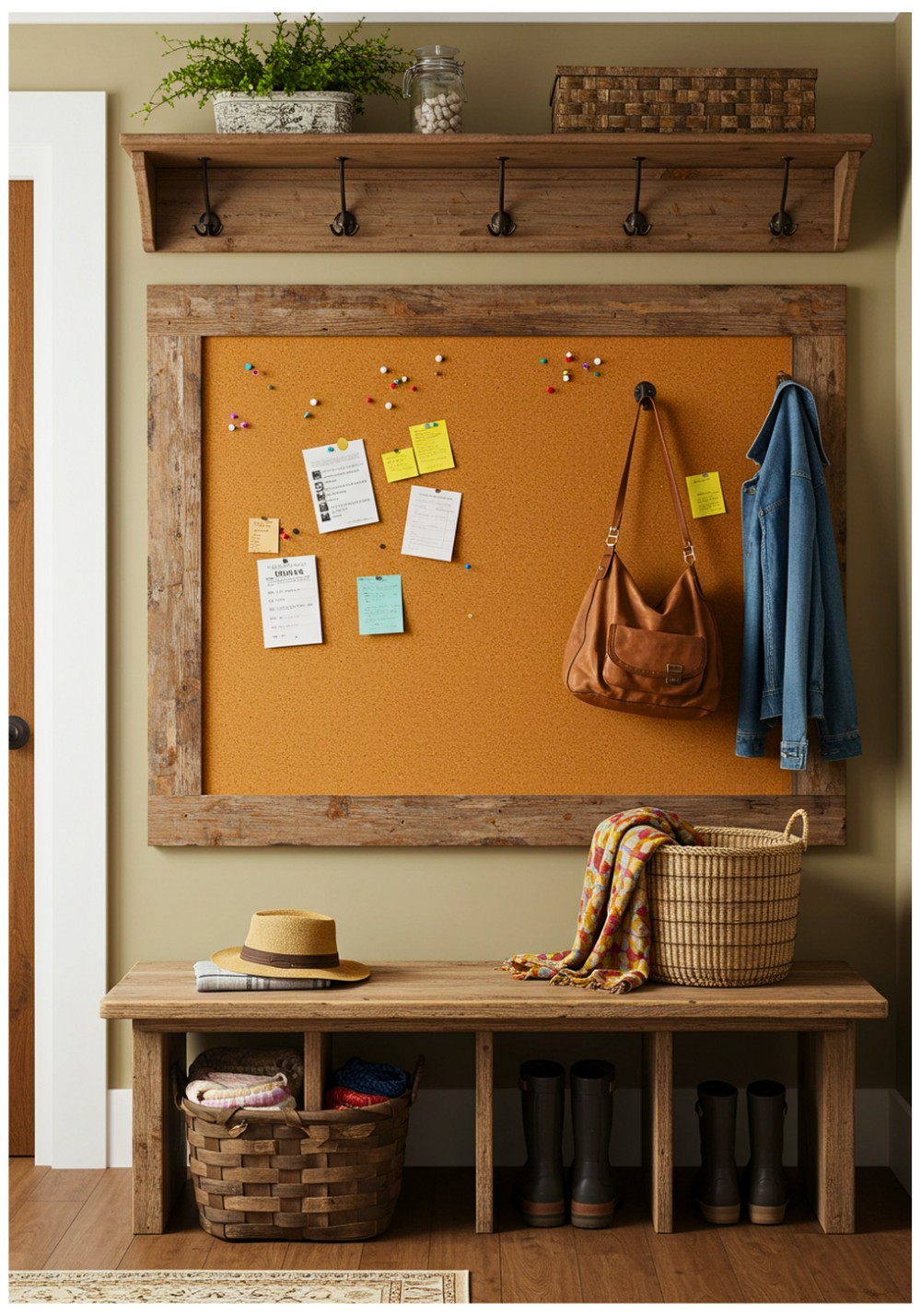 Rustic Mudroom Bulletin Board with Cork and Wooden Accents