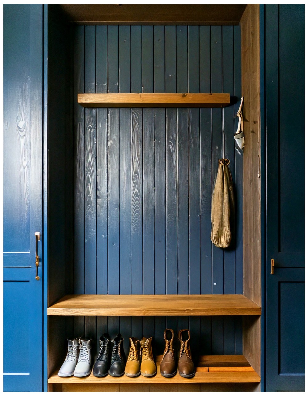 Tiny Mudroom with Fold-Down Wall Bench
