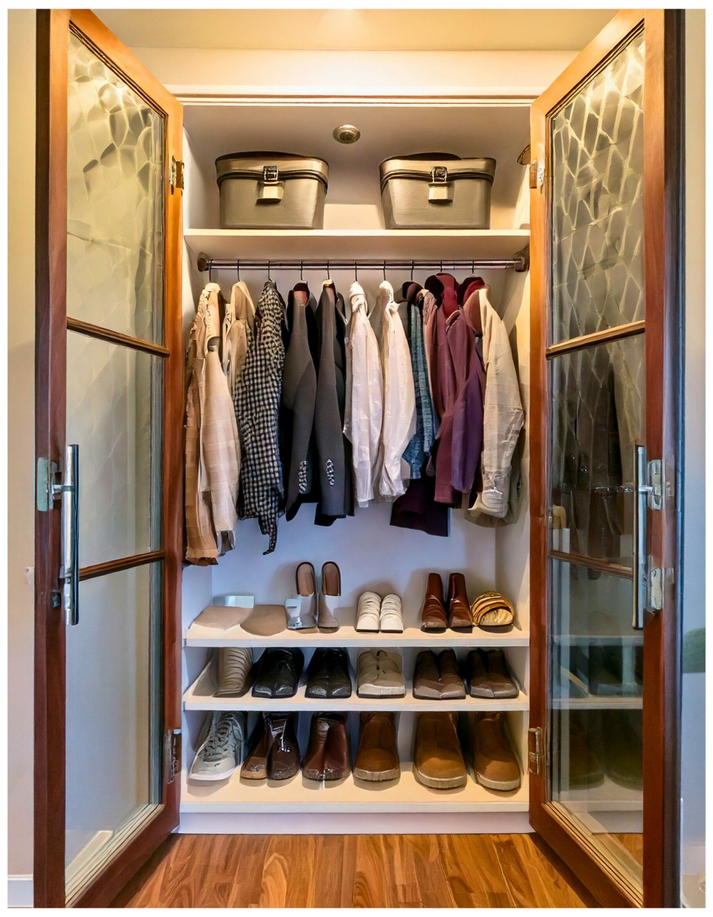 Tiny Mudroom with Glass Door Closet