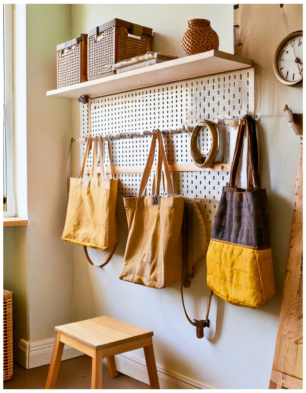Tiny Mudroom with Pegboard Wall