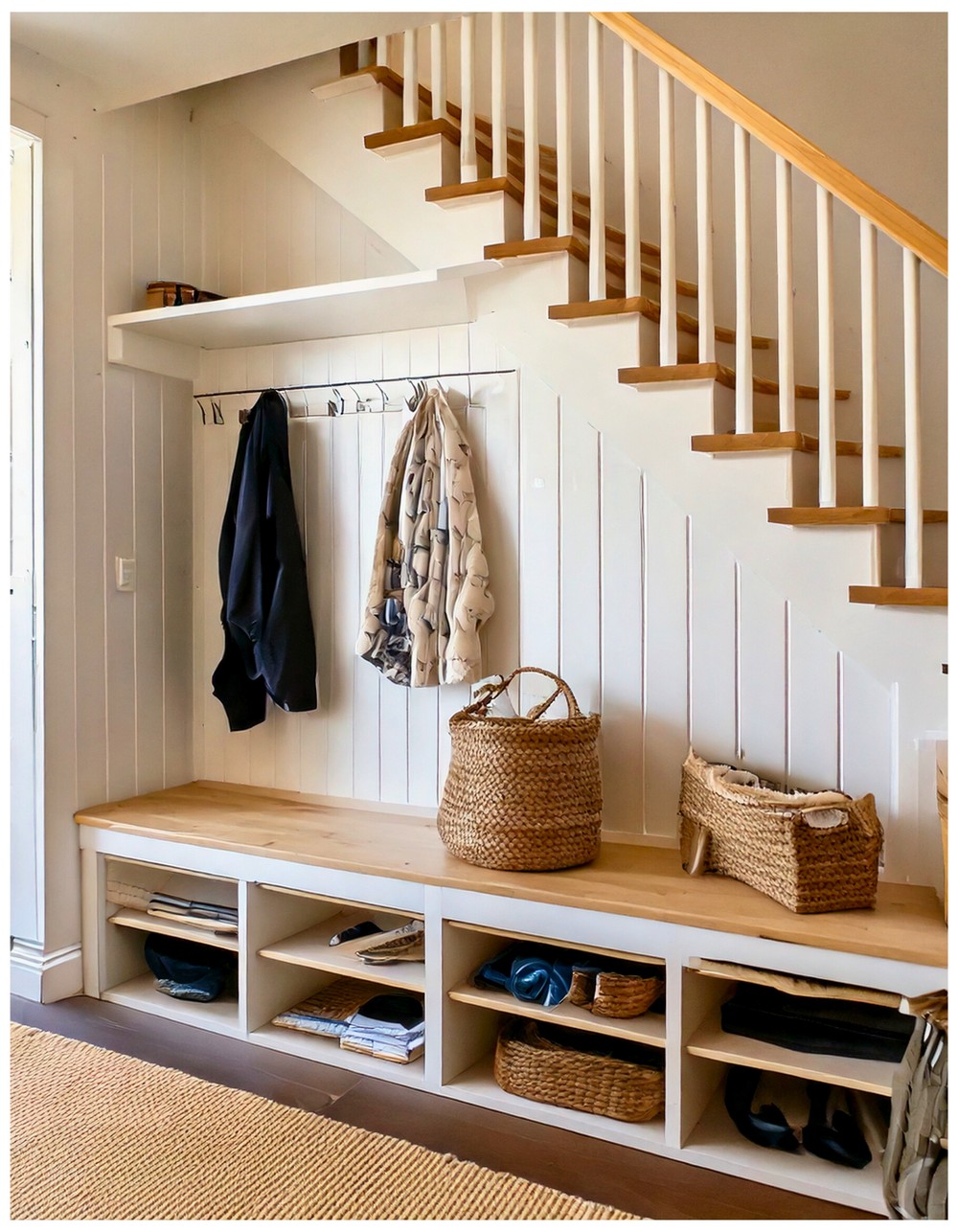 Tiny Mudroom with Under-Stair Storage