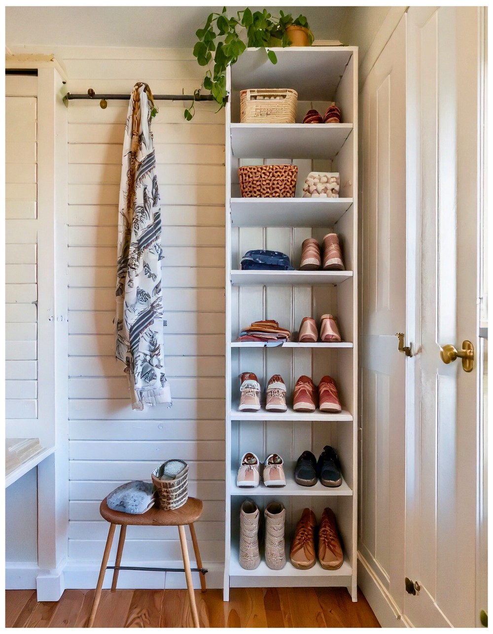 Tiny Mudroom with Vertical Storage Tower